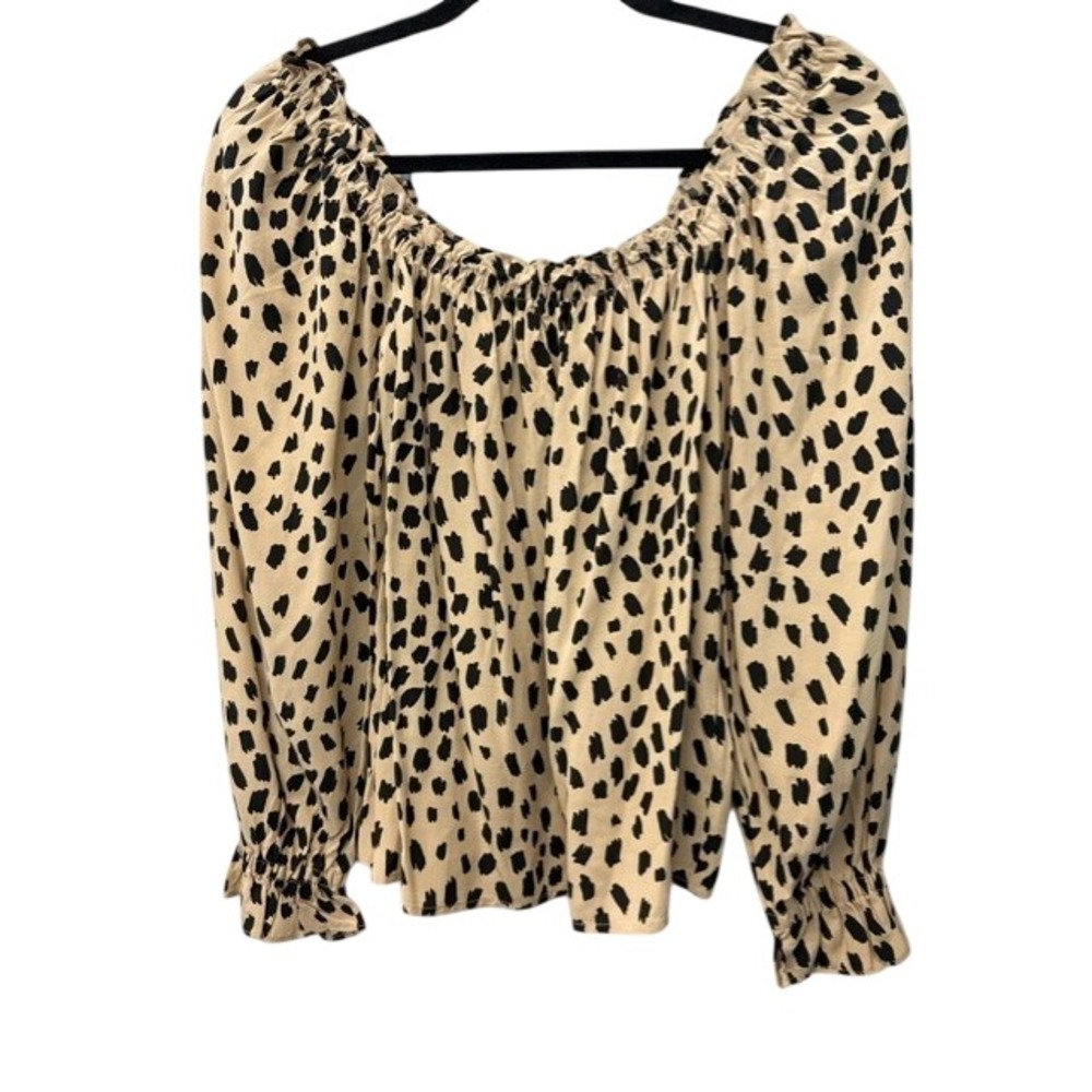 Vineyard Vines Dalmatian Print Puff Sleeve Off Shoulder Blouse Tan Black XXS NEW